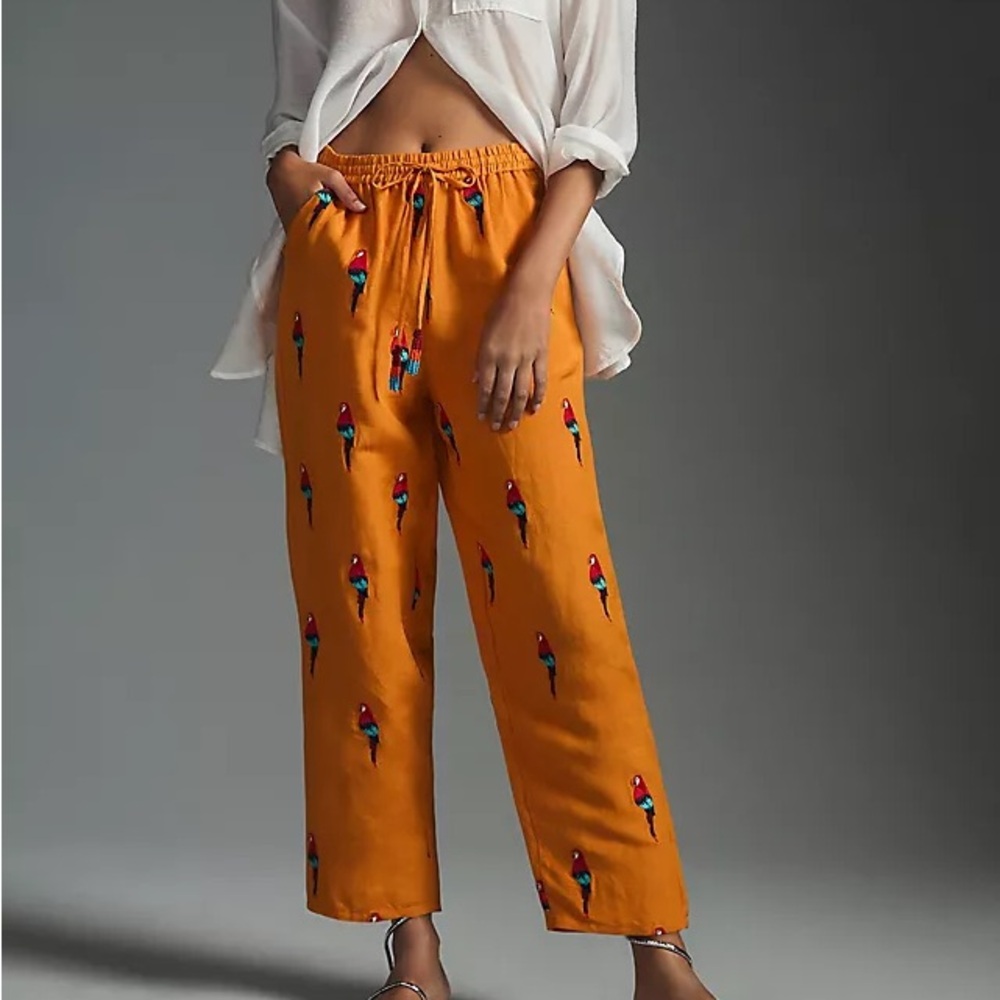 FARM Rio Orange Linen Parrot Print Trousers Pants